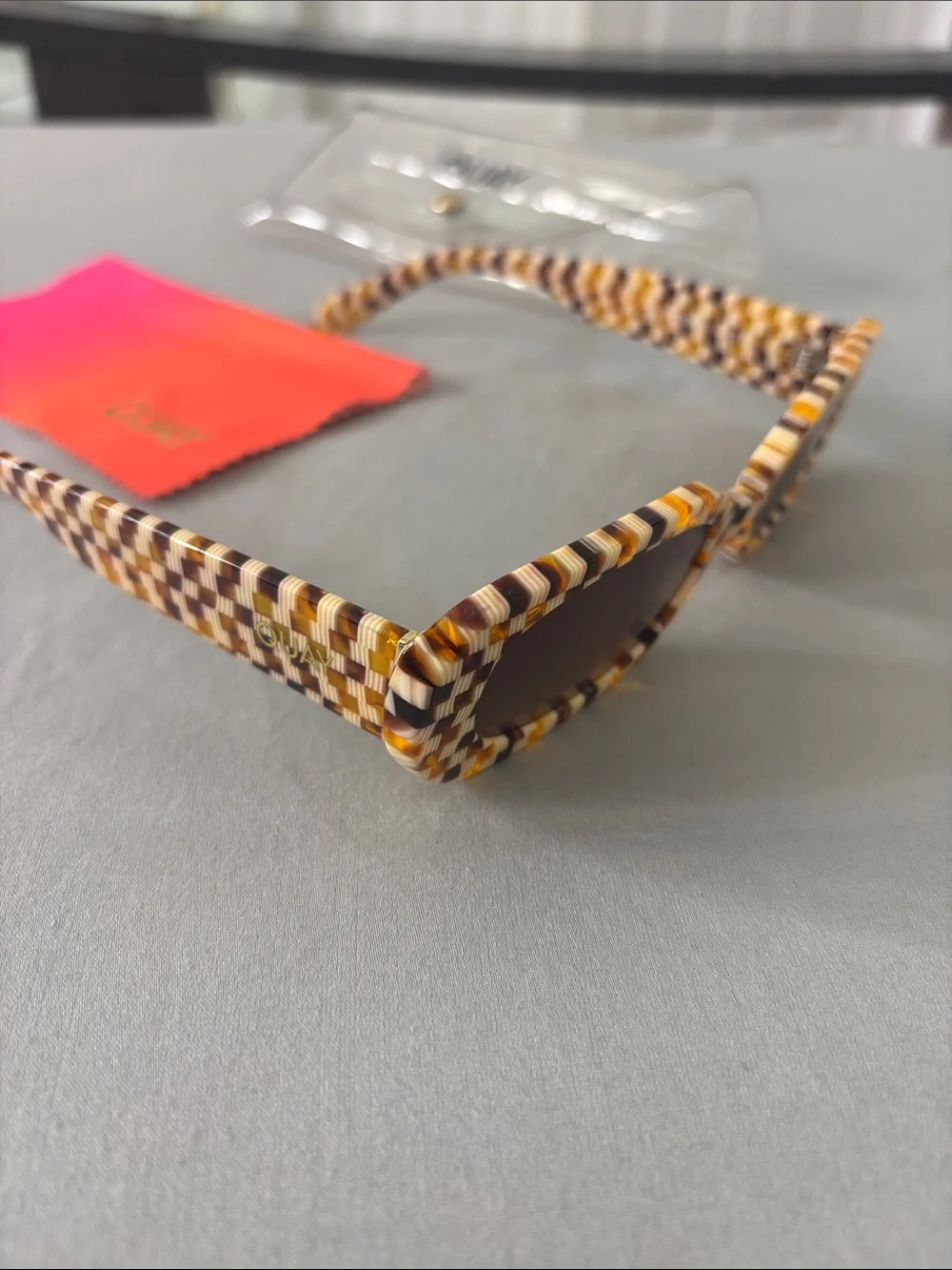 Quay Australia Checkered Brown and Cream Oval Sunglasses